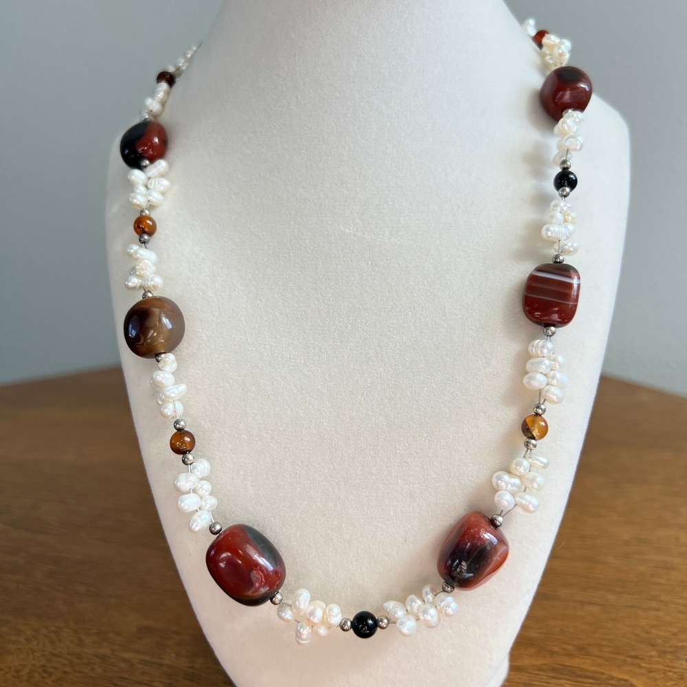 Freshwater Pearl Carnelian Necklace White Red Agate Beaded Boho Statement